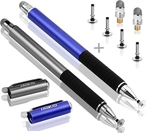 MEKO 2-in-1 Penna di Precisione per Touch Screen con 6 Punte Sostituibili Pennino Capacitivo per iPad, Tablet, iPhone, Smartphone, Samsung Galaxy Note/Tab - Grigio + Blu
