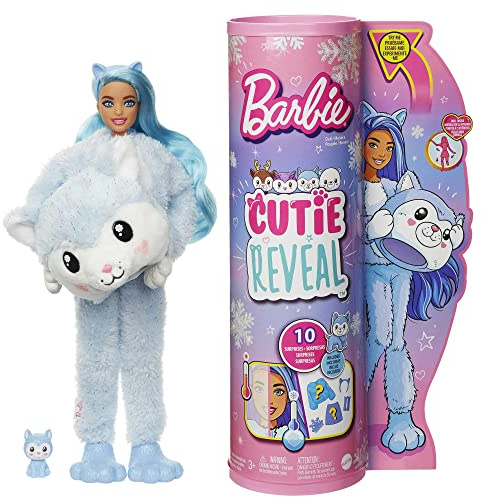 Barbie Cutie Reveal Serie Invierno Husky Disfraz Animal Revela una muñeca articulada con Chaqueta Reversible, Mascota y Accesorios Sorpresa de Moda, Juguete +3 años, Husky, (Mattel HJL63)