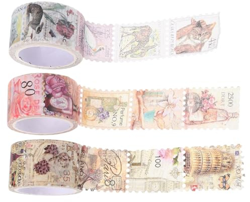 Ciieeo 3 Rolls of Vintage Stamp Washi Tape Set, Self-Adhesive Floral Stamp for Scrapbooking, Journaling, and DIY Crafts, 25mm X 5m