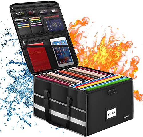 ENGPOW Boîte de classement avec serrure, ignifuge, boîte de rangement avec inserts et poches en maille, pliable et portable pour accrocher des dossiers de lettres et documents juridiques