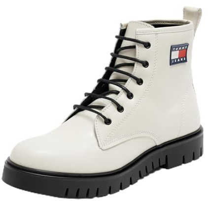 Tommy Jeans Donna Stivali Mezza Gamba Lace Up Verniciati, Bianco (Ecru), 39