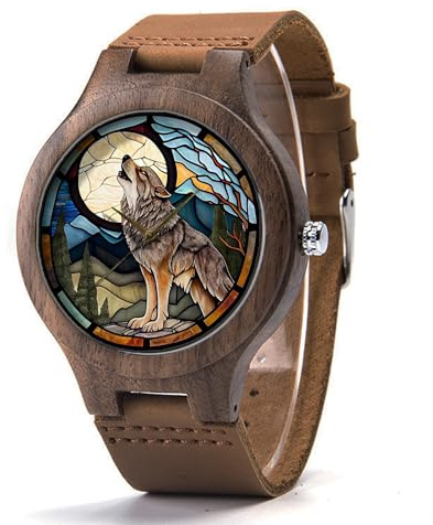 Wolf Wood Leather Watch, Wolf Art Wood Watch, Vintage Wolf And Moon Watch, Man Size Watch, Wolf Jewelry P552