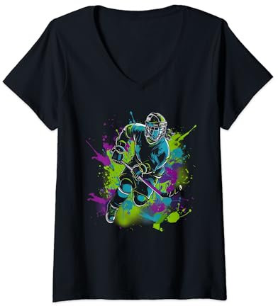Damen Eishockey Geschenk Hockeyspieler Puck Retro Coach Eisbahn T-Shirt mit V-Ausschnitt