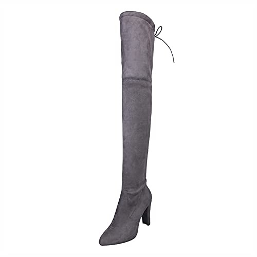 Bottes hautes pour femme avec talon bloc - Bottes hautes en daim - Bottes d'hiver longues - Bottes à enfiler élégantes et sexy - Bottes à talons hauts - Bottes à tige large - Bottes Stilettos, Gris