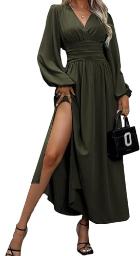 LUVCES Abito Elegante Donna Scollo a V Plissettato Vita Alta Abito Lungo con 2 Side Spaccato Causal Manica Lanterna Vestiti Autunno Iinverno Abiti Verde Militare M