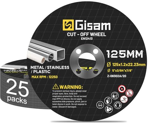 Gisam Professional Disque Meuleuse 125mm pour Metal 25 Pièces, 125 x 1,2 x 22,23mm, Alésage Ø 7/8 mm, Disque a Tronconner, Set D'accessoires pour Meuleuse D'angle Ø 125 mm