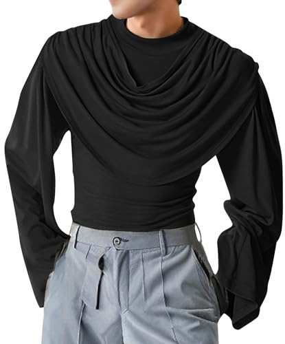 Maglietta a maniche lunghe da uomo, scollo a cascata, maniche a campana, slim fit, a maniche lunghe, a collo alto, tinta unita, alla moda, con camicia intima piegata, Nero , M