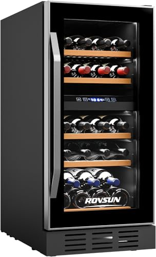 ROVSUN 26 Bottle Wine Fridge, Dual Zone Wine & Beverage Refrigerator w/Independent Temp & LED Control Panel, Built-in/Freestanding/Under Counter Wine Cooler Chiller for Red White Wine/Champagne/Beer