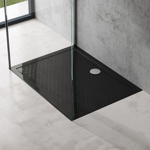 doporro Plato de Ducha Rectangular Antideslizante 90x100x4 cm – Acrílico Negro, Conexiones DIN, Instalación a Ras de Suelo – Lucia02