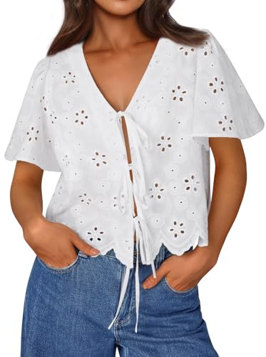 Trendy Queen Womens Summer Tops Crop Cute Boho Short Puff Sleeve Cotton Blouses Beach Vacation Spring Outfits 2026 Tie Front Eyelet Embroidered Clothes White S