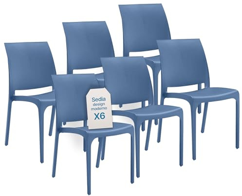 Tomaino - Sedia in Plastica Da Cucina - Set 6 Sedie Plastica Impilabili Con Braccioli Per Esterno e Interno - Sedie per Giardino, Soggiorno, Balcone o Bar - Blu