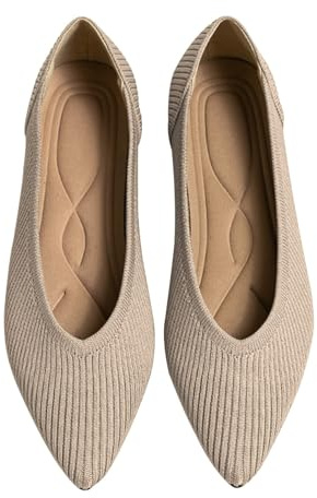 TINGRISE Women's Flats Shoes Pointed Toe Knit Ballet Comfortable Dressy Slip On Flat Beige 5.5UK