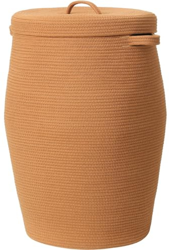 Cottonphant - Hög korg med lock, handgjord av bomullsrep, elegant flaskform, tvättkorg för sovrum och vardagsrum, 66 x 51 cm, orange-brun