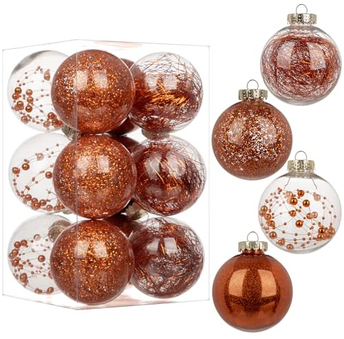 12pcs 8cm Christmas Baubles Big Shatterproof Clear Plastic Ball with Delicate Ornaments Orange Xmas Balls Set Christmas Tree Hanging Decorations for DIY Halloween Party Wedding Decor