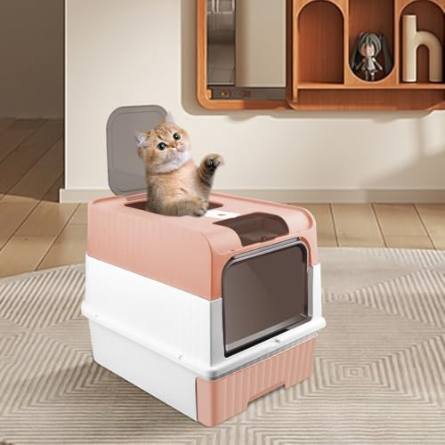 Gran Casa de Baño Plegable para Gatos, Bandeja con Tirador y Pala para Arena, Portátil, Bandeja de Arena Cerrada con Compartimento Inferior Extraíble para una Fácil Limpieza 49 * 37 * 35 cm - Rosa