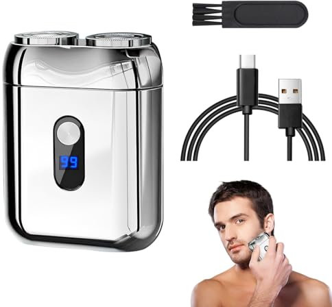 Mini Rasoio Elettrico, Rasoio Impermeabile IPX7, Rasoio Elettrico Barba Portatile, Uomo Rasoio Elettrico a Doppia Testina, Rasoio per la Pulizia Profonda per Casa, Auto, Viaggio (Argento)