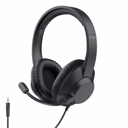 Trust Ayda MAX Auriculares con Cable 3.5mm Over Ear con Micrófono, 85% Plástico Reciclado, Cable 1,8 m, Cascos con Cable Circumaurales Oficina PC Ordenador Portátil Laptop Teams Zoom, Negro