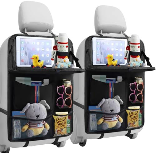 TCJJ Car Seat Organiser, Car Organiser Back Seat for kids, Car Backseat Seat Kick Protector with Tray and Touch Screen Tablet Storage Pockets Black/2 Pack