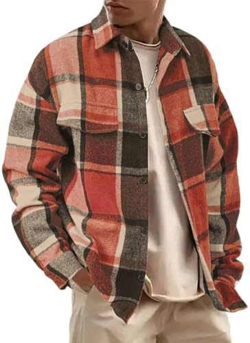 WINKEEY Camicia Flanella Uomo Camicia a Quadri a Maniche Lunghe Eleganti Camicie Button Down Autunno Inverno,Rosso Arancione XL