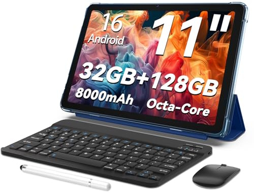 TUOHAITIME Android 16 Tablet, 11inch Tablet, 32GB+128GB 1 TB erweiterbar, Produktivitäts-Bundle mit Tastaturhülle, Eingabestift, Octa-Core-Prozessor, Dual-Kamera, WiFi 6, 8000-mAh-Akku (Blau)