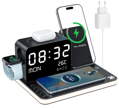 7-i-1 trådlös laddare med klocka, temperatur och datum, kompatibel med iPhone 17/16/15/14/13 Pro Max, AirPods och Apple Watch, kompatibel med Samsung S25/S24, justerbar nattlampa, 33 W adapter