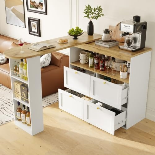Merax Tavolo da bar allungabile con funzione girevole a 360° – Isola da cucina modulare con bar e bancone, credenza retrò con ante in rattan, armadio multifunzionale con spazio per riporre