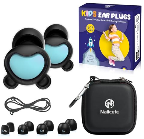 Kids Ear Plugs (6+yrs), Reusable Everyday Noise Reduction Earplugs for Focus, Travel, Socializing, Concerts, Events, Sensitivity, School, Playtime – Children Hearing Protection, 26 dB, 4 Sizes Tips