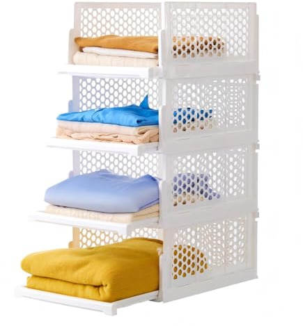 4 Pack Organizador Armario Plegables y Apilables, Cajas de Almacenaje Extensibles para Ropa, Camisetas y Pantalones, Cajones de Plastico para Separadores Closet, 27L, Blanco Marfil