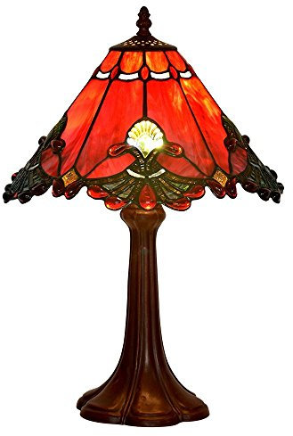 Bieye L30021US Baroque Tiffany Style Stained Glass Table Lamp Night Light with 13 Inches Wide Handmade Lamp Shade Zinc Base for Bedside Bedroom Living Room Coffee Table, Red, 19-inch Tall…