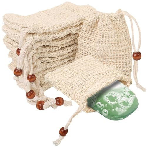 10Pcs Sac à Savon en Sisal, BetterJonny Sac à Savon Bio Filet Savon Naturel Sachet à Savon avec Cordon de Serrage Sacs de Savon en Fibres Naturelles Pour exfoliation du corps Massage