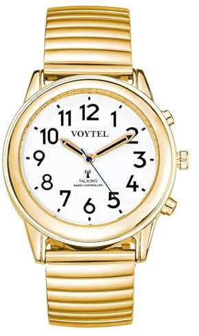 MAUJOY Men‘s Atomic English Talking Watch（Gold Spring Watch Band） Voice-Activated Quartz Watch, Announces Time, Date & Alarm, Ideal for Blind & Visually Impaired Elderly