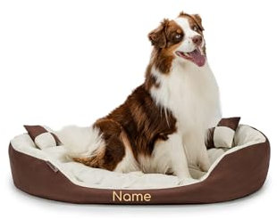 lionto Hundebett 4-in-1 mit Wendekissen aus robustem Oxford, 110x80 cm, Heimtierkissen Kratzfest mit tiefem Einstieg für Katzen und Hunde Aller Größen, wasserabweisend, braun/beige (Namensaufdruck)