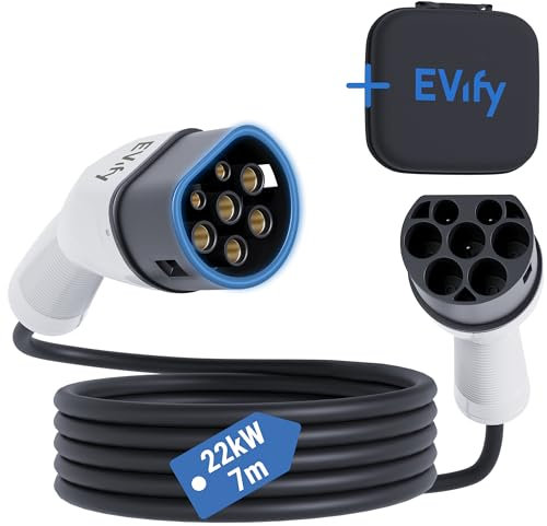 EVify Cavo di ricarica tipo 22 kW 7M 32A per auto elettrica e ibrido con custodia per cavi • Cavo a 3 fasi per EV PHEV • adatto per tutte le auto E modello 3 S X Y, ID3, ID4, ID5