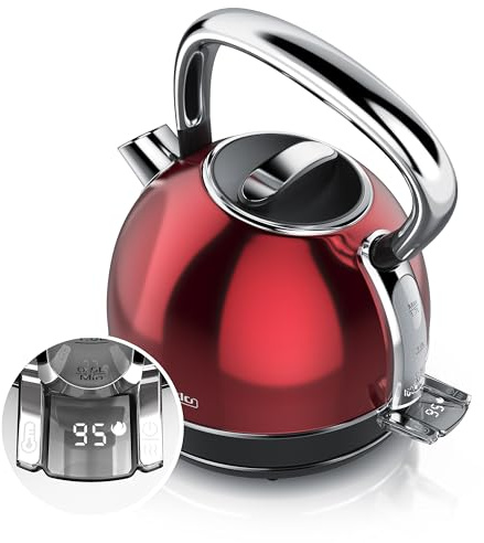 Arendo - Wasserkocher Edelstahl mit Temperatureinstellung, LED Anzeige mit Touch Panel - Wasserkessel Retro Vintage, 1,7 Liter, Warmhaltefunktion, Zwischenmessung, austauschbarer Kalkfilter, Rot