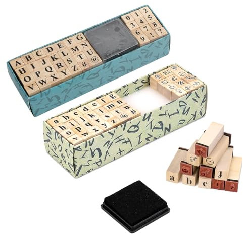 FENGQQKJ 80 Stück Buchstaben Stempel Set, Alphabet Buchstaben Zahlen Set Zahlen und Symbole mit Stempelkissen Holzstempel Buchstaben für Scrapbooking Kunst Handwerk Kartenherstellung