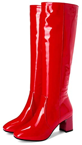 ORANDESIGNE Femmes Bottes Hautes en Cuir Verni à Bout Rond Fête Cuissarde Sexy Bottes Mode Talons Bloc Zipper Chunky Plateforme Warm Cuir Verni Prom Boots Mi-Bas Bottes A Rouge, 43 EU