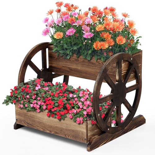 FillTouch Wooden Wagon Planter Box Decorative Wooden Cart Rustic Flower Pot Garden Wagon Decor with Wheels for Indoor Outdoor Patio Garden Balcony Backyard Decoration (1 Pcs,Unmovable Carriage Style)