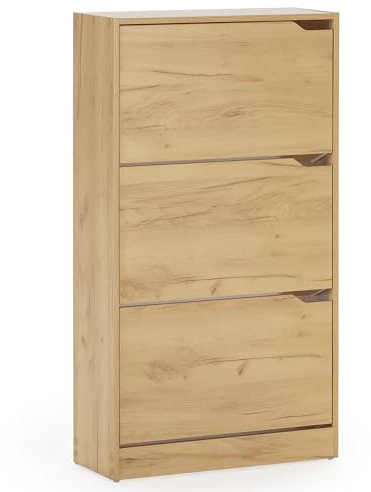 HOMN LIVING Mueble zapatero Ángel 3 puertas color Roble claro, para 18 pares, 63 cm (ancho) 24 cm (profundo) 115 cm (altura)