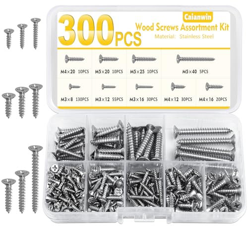 Caianwin Lot de 300 vis autotaraudeuses en acier inoxydable 9 tailles M3 M4 M5 Vis autotaraudeuses à tête fraisée Assortiment de vis autotaraudeuses