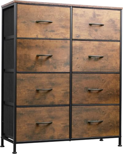 WLIVE Chest of Drawers, 8 Fabric Drawers Cabinet with Easy Pull Handle, Wood Top and Sturdy Steel Frame for Bedroom, Living Room, Rustic Brown