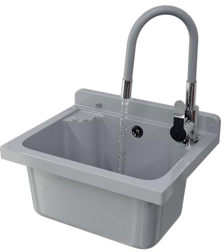 Set Lavandino + Sifone + Rubinetto - Lavatoio da Esterno 42x 34x24 cm - Lavandino esterno per lavanderia, garage, giardino - Lavabo Resistente agli acidi e alle sostanze chimiche - Grigio - Granitan