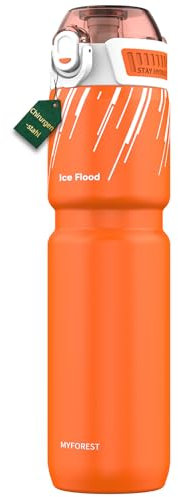 MYFOREST 24oz/700ml Insulated Bike Water Bottle, Surgical Steel: No Plastic Taste, Stronger Grip for MTB & Gravel, Gulp/Sip 2-in-1, Dirt Cap/Anti-Scratch (Energy Orange)
