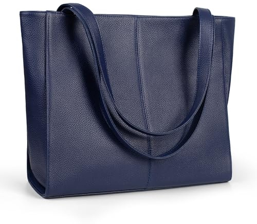 befen Echtleder Handtasche Damen Groß Shopper Tasche mit 14 Zoll Laptopfach, Mode Leder Tote Bag Schule Arbeit Freizeit Henkeltasche mit Reißverschluss, Blau