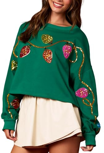 NUFIWI Christmas Cropped Sweatshirt for Women Colorful Funny Santa Long Sleeve Pullover Glitter Xmas Holiday Crop Top(Lights Green,S)