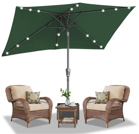 Daromigo Sonnenschirm Rechteckig LED Solar 210 x 140cm Grün mit Kurbel | Ampelschirm Sonnenschutz UV50+, 30° knickbar, Gartenschirm Terrassenschirm wasserdicht für Garten, ohne Ständer