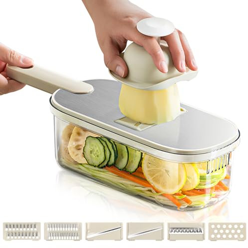 Mandoline Cuisine Coupe Legume Multifonctions, Mandoline pour Légumes Professionnelle en Acier Inoxydable, Tranche de Légumes Manuelle avec 6 Lames Réglable et Protection Exclusive de la Main
