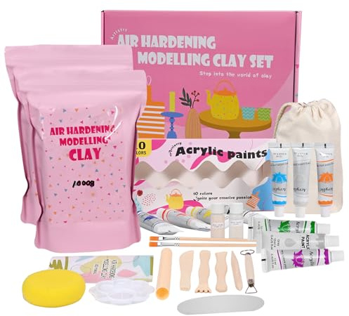 WildFun Töpfer-Set für Zuhause [inkl. 2 kg Ton] - 24-teiliges DIY-Set zum Töpfern für Erwachsene inkl. Werkzeugsatz, Farben & Stempel - lufttrocknend, brennt nicht