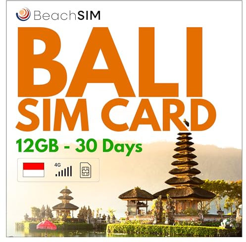 BeachSIM Tarjeta SIM Bali válido por 30 días.12GB de Datos a velocidades 4G/5G. Solo SIM de Datos prepago. Activación rápida. Fácil Recarga. Funciona en Toda Indonesia.