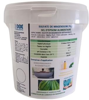 2kg Sel d'Epsom Alimentaire, Sulfate de Magnésium 7H2O, Pour Soins Personnels, Jardinage et Usage Ménager