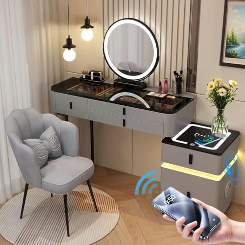 Vofikoli Tocador con iluminación y silla, mesa de maquillaje con espejo inteligente tricolor, mesa de cosméticos con 5 cajones, mesa de maquillaje para dormitorio moderno (Gris + Negro, 100CM)
